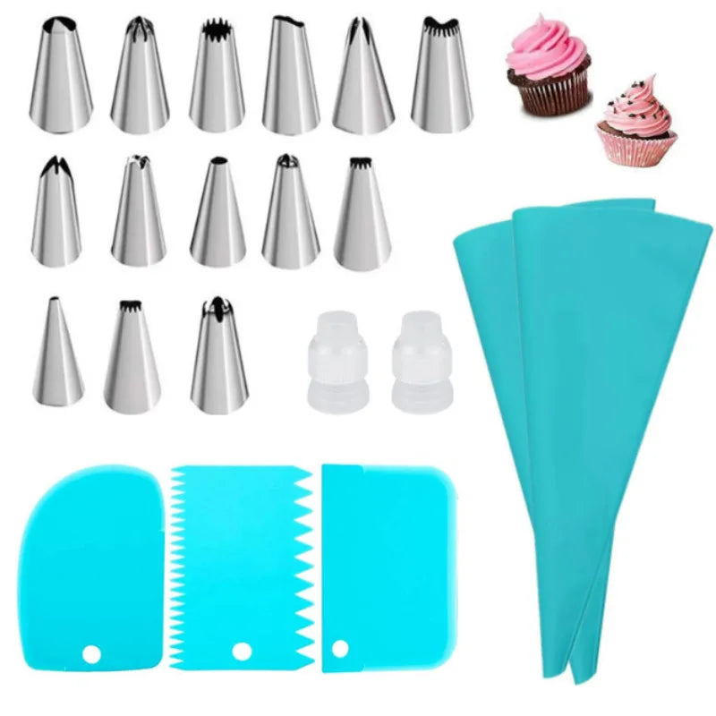 A set of reusable silicone piping bags and stainless steel tips for baking, shown in various sizes and colors.