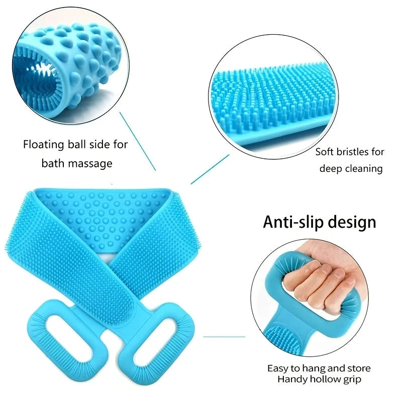 Blue silicone body scrubber with soft bristles and an anti-slip design for bath massage and deep cleaning