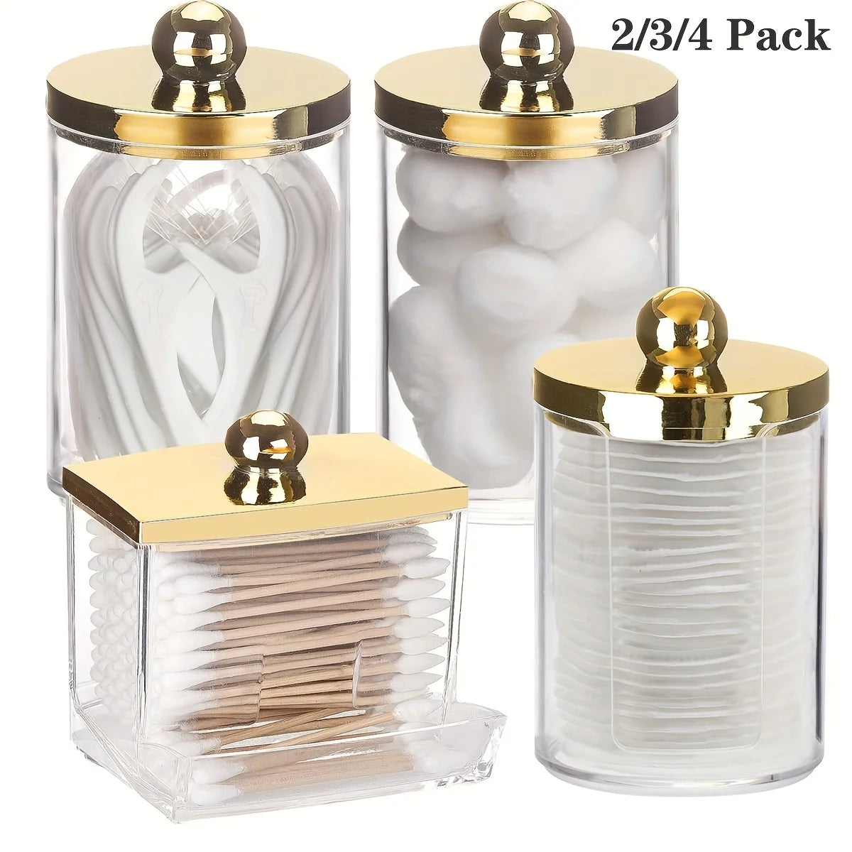 A set of three apothecary jars for cotton balls and swabs with golden lids