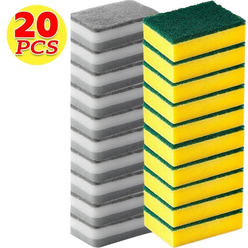 A stack of 20 reusable double-sided kitchen cleaning sponges in gray and yellow stripes.