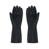 A pair of black reusable rubber cleaning gloves for dishwashing, kitchen, and garden work.