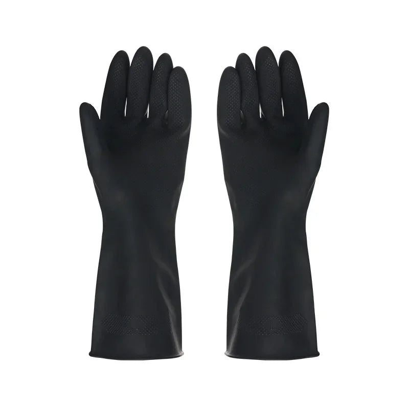 A pair of black reusable rubber cleaning gloves for dishwashing, kitchen, and garden work.