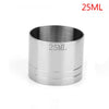 A cylindrical stainless steel bar measure with a 25ML capacity marking.