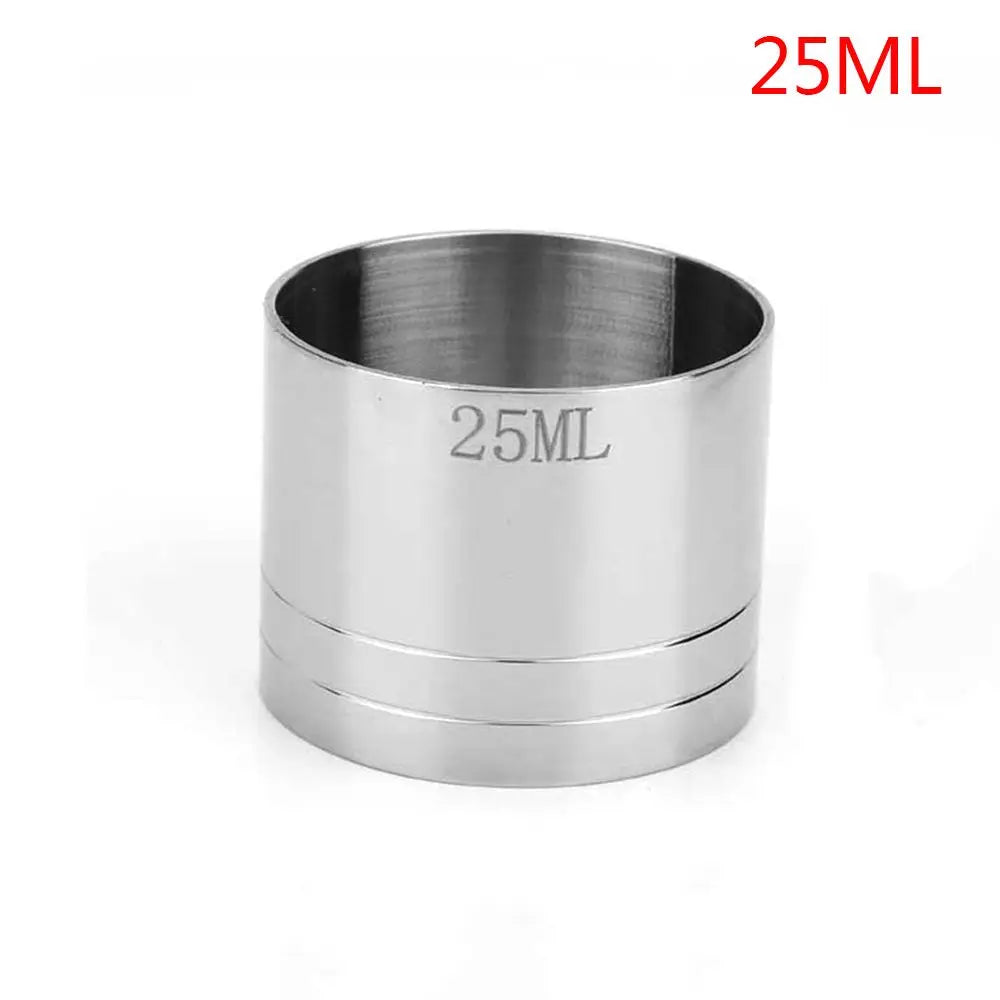 A cylindrical stainless steel bar measure with a 25ML capacity marking.