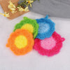 A collection of colorful, fluffy, non-stick acrylic dish towels shaped like flowers in various shades of green, yellow, blue,
