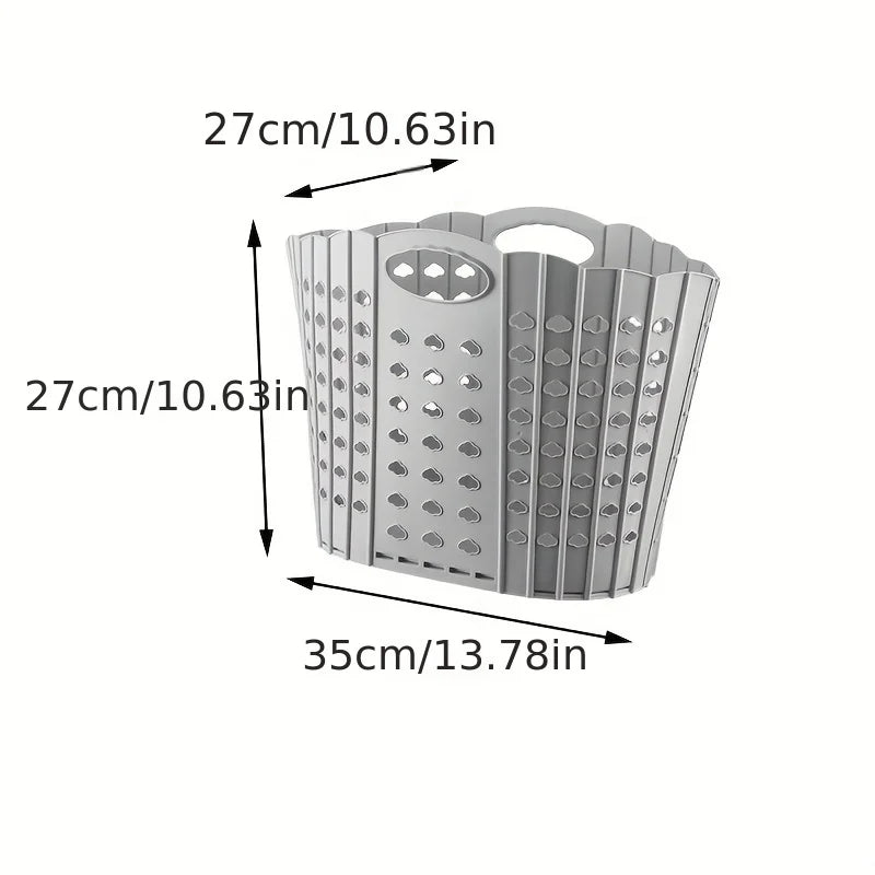 A gray folding hand-held clothes storage basket shown with dimensions 27cm x 35cm.