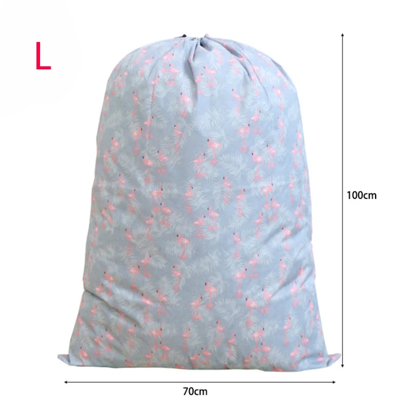 Light blue drawstring storage bag with a floral pattern, shown from the side.