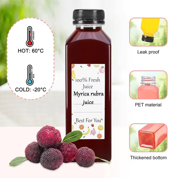 A dark red juice bottle labeled 100% Fresh Myrica rubra juice with fresh berries and leaves.