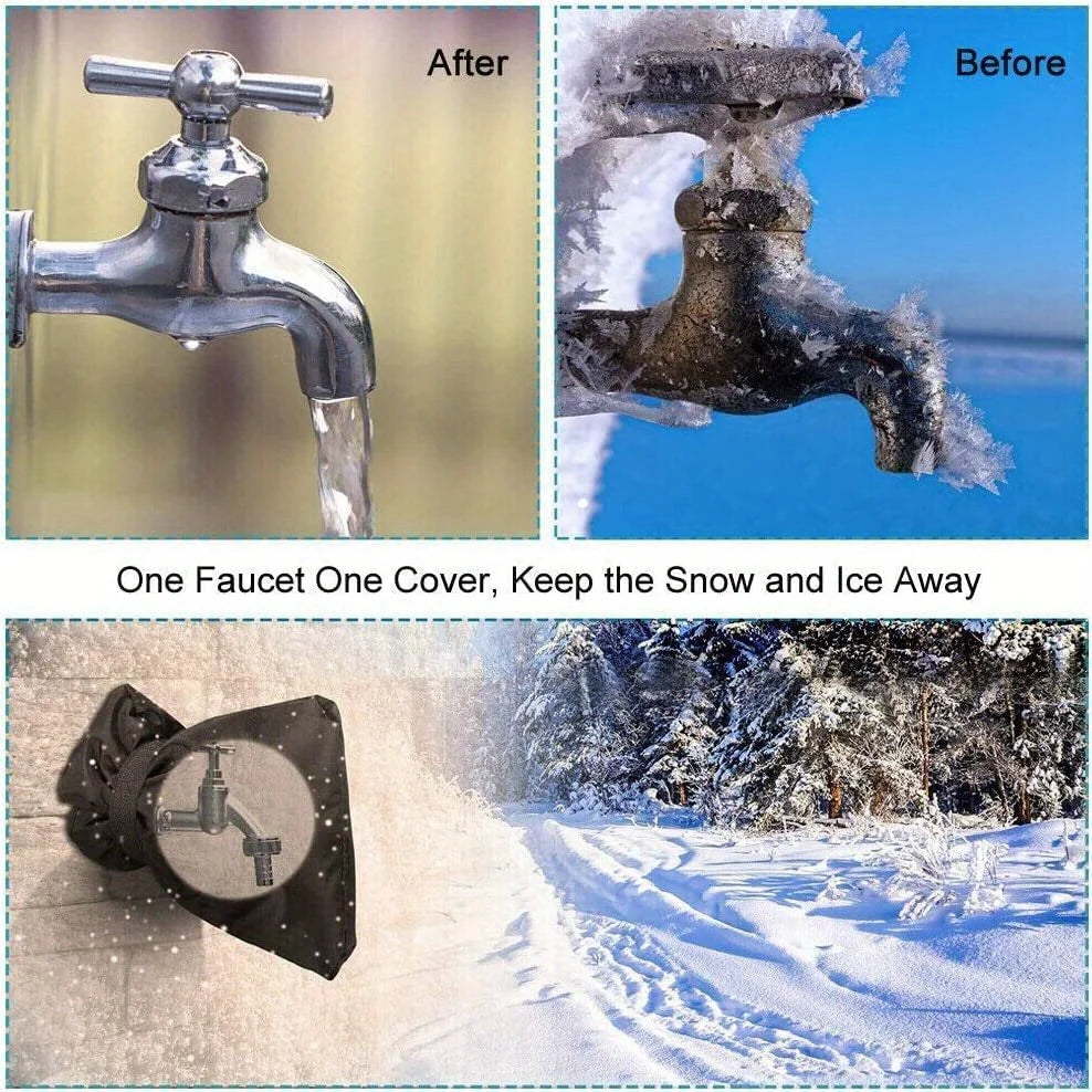 Comparison showing a faucet before and after using a reusable insulated cover to keep snow and ice away.