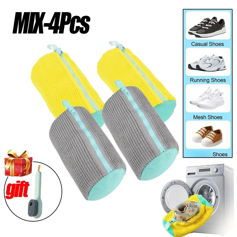 Four yellow and gray zippered laundry bags designed for shoe cleaning