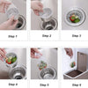 Six steps demonstrating how to use reusable mesh strainer bags for kitchen drains.