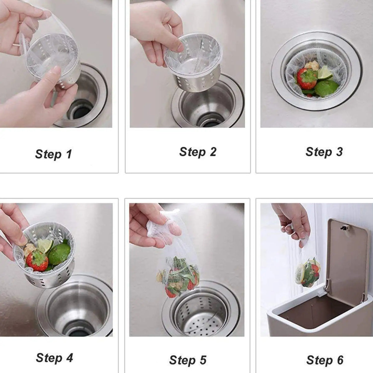Six steps demonstrating how to use reusable mesh strainer bags for kitchen drains.