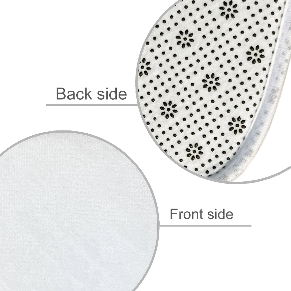 View of a multi-use waterproof bathroom set showing the back and front sides of a white, perforated pad.