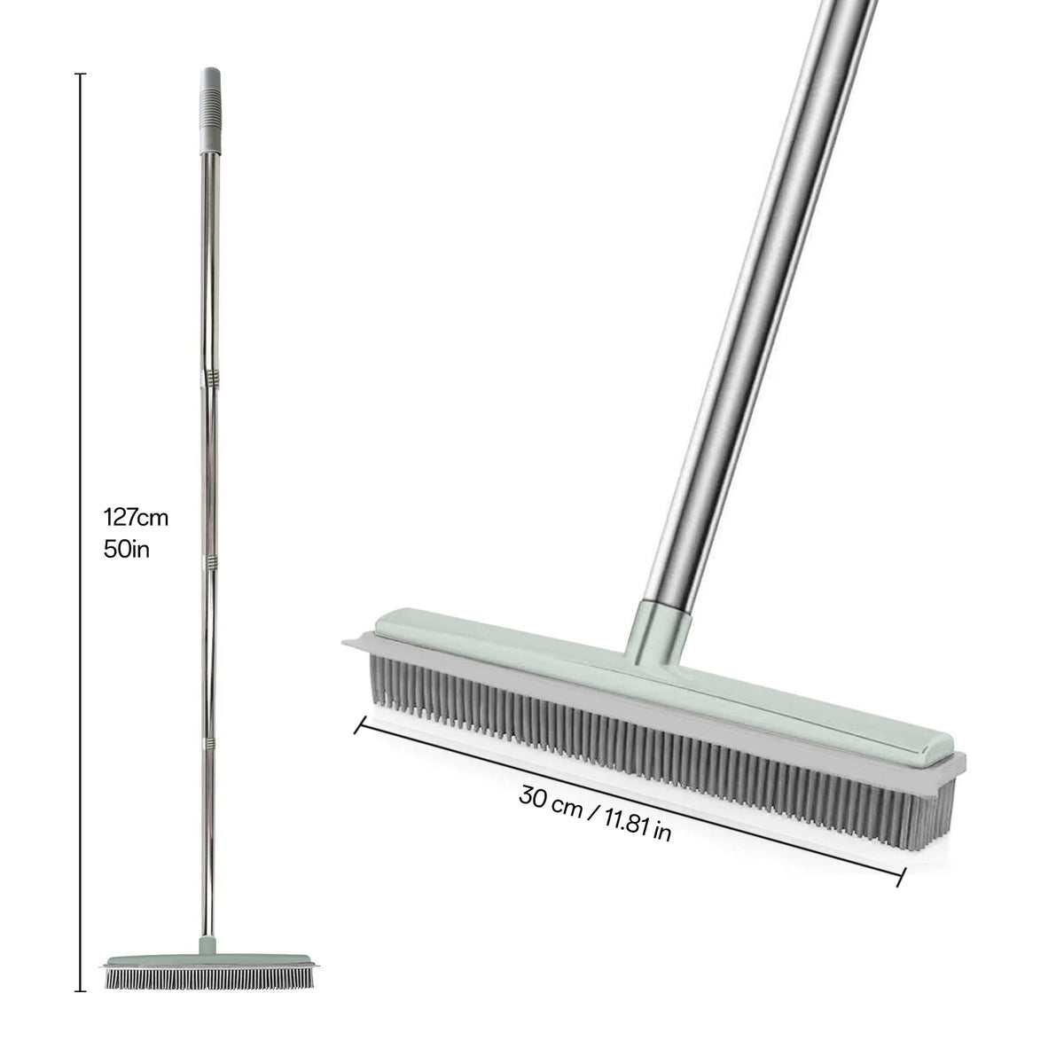 A silver adjustable rubber broom with a squeegee attachment shown next to its dimensions.