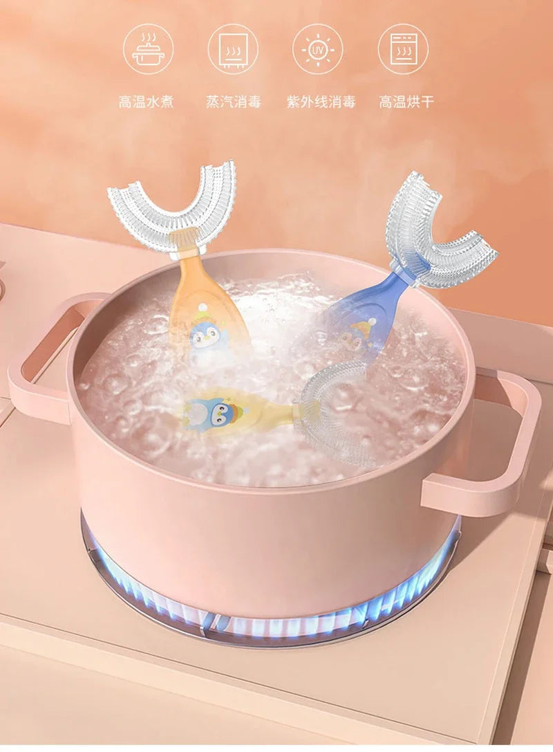 A pink pot filled with soapy water and silicone U-shaped toothbrushes for kids, demonstrating features like high-temperature 