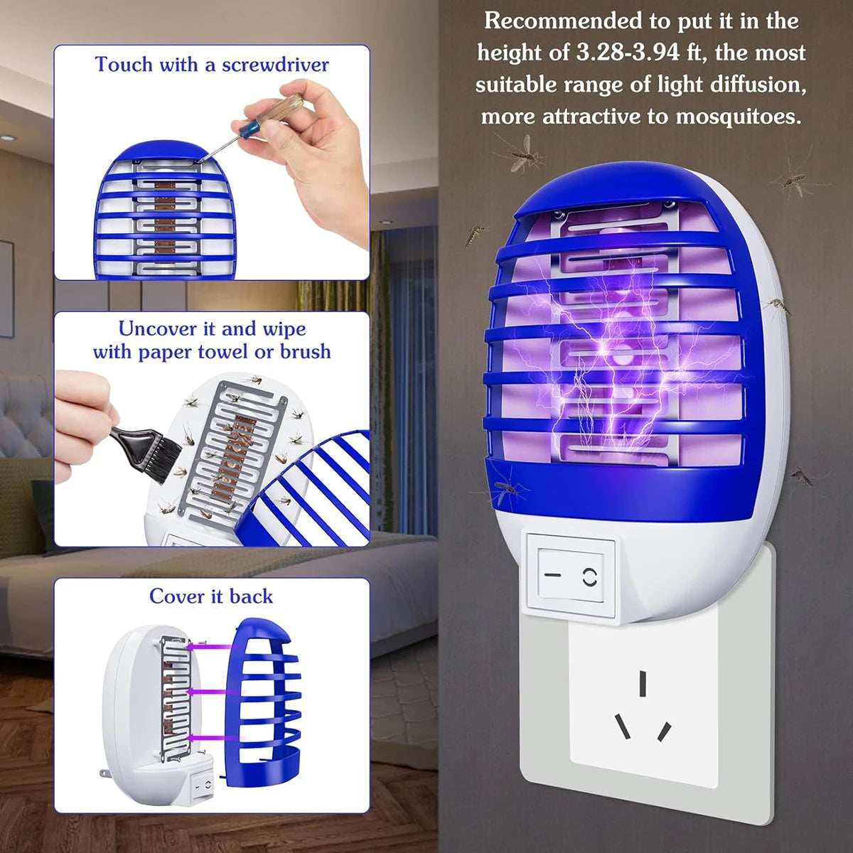 A blue mosquito killer LED trap lamp is shown with instructions for use and installation.