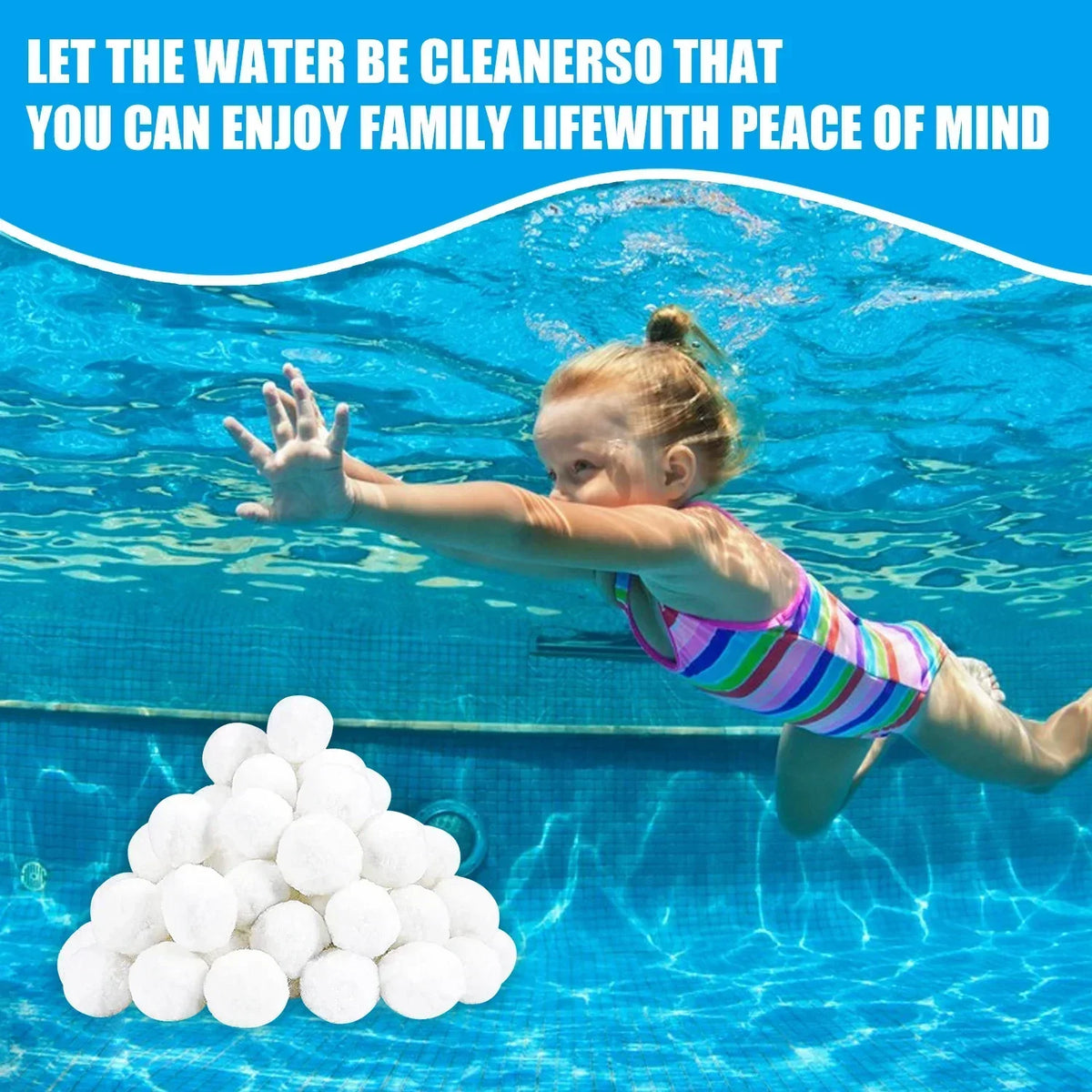 A young girl is jumping in clear blue water surrounded by white cleaning balls for an eco-friendly pool filter.