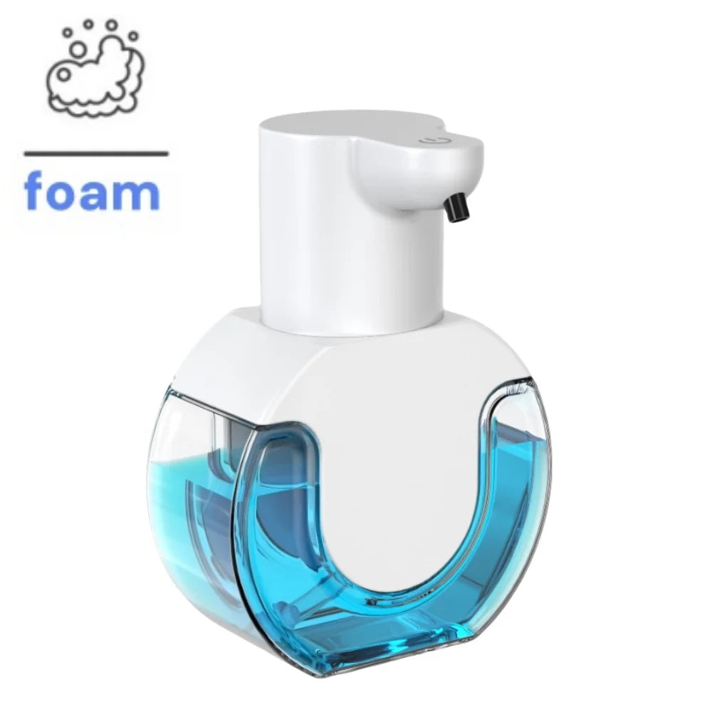 A white and blue touchless electric soap dispenser with a pump top and a clear bottle.