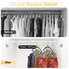 Before and after comparison showing curved metal hangers with clips used for clothing organization.