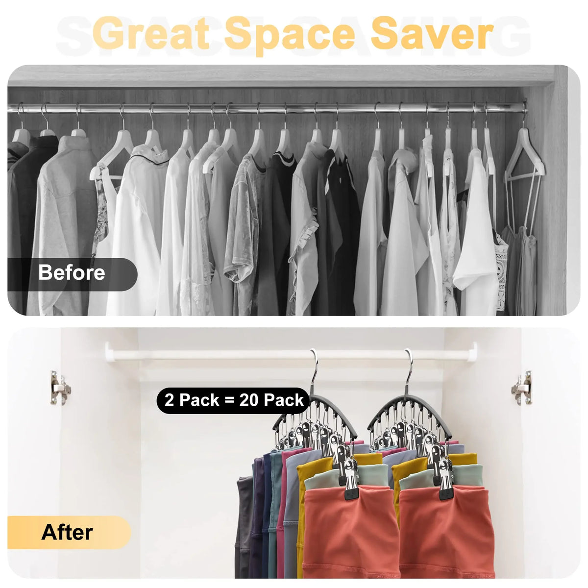 Before and after comparison showing curved metal hangers with clips used for clothing organization.