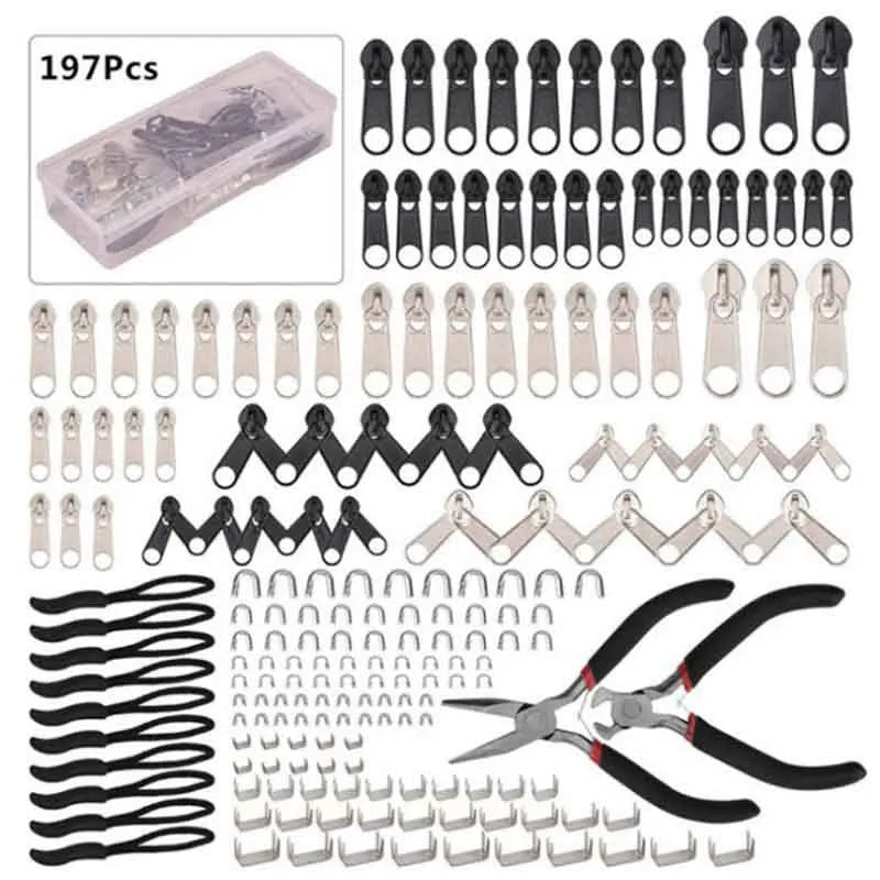 A collection of zipper repair kits including metal sliders and various components for zipper repair.