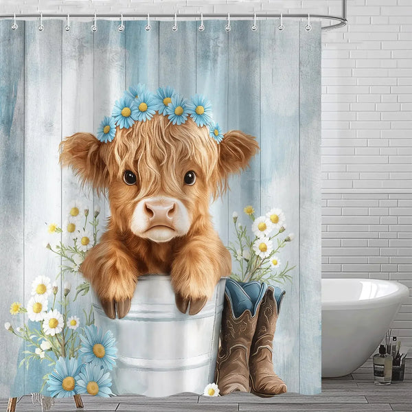 A fluffy brown calf head with blue flowers sits in a white bucket surrounded by white and yellow flowers and brown boots.