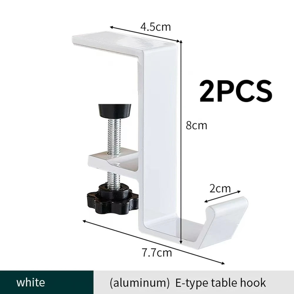 White aluminum E-type table hook with a cylindrical hanger and a curved hook.