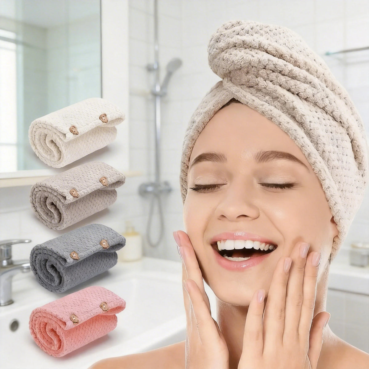 A woman is relaxing with a towel wrap on her head, surrounded by various colored microfiber hair drying towels.