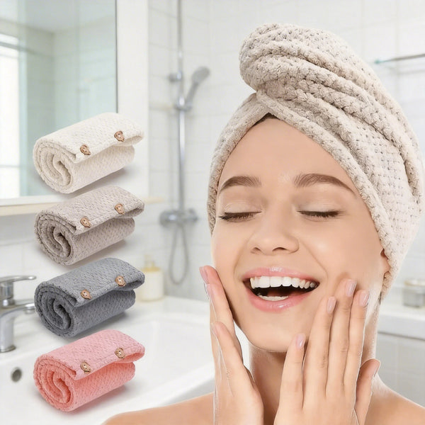 A woman is relaxing with a towel wrap on her head, surrounded by various colored microfiber hair drying towels.
