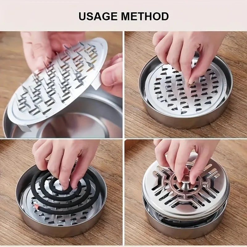 Hands demonstrate the usage method of a stainless steel mosquito coil tray holder for lighting coils.