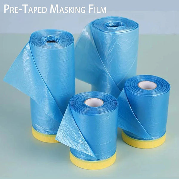 Rolls of blue pre-taped masking film used for painting and covering areas