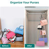 Before and after comparison showing a multi-layer storage hanger bag organizer for organizing purses in a drawer.