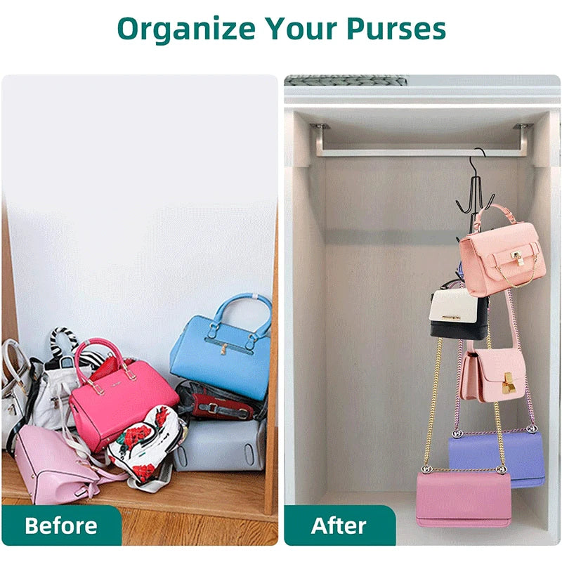 Before and after comparison showing a multi-layer storage hanger bag organizer for organizing purses in a drawer.