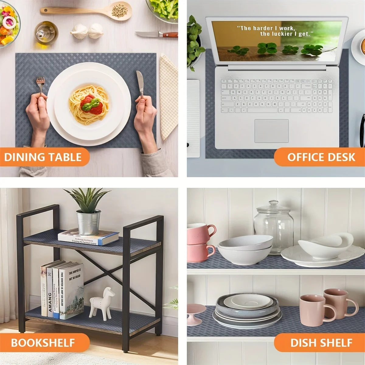 A set of reusable shelf liners and kitchen accessories displayed on a wooden desk, a dining table, and a bookshelf.