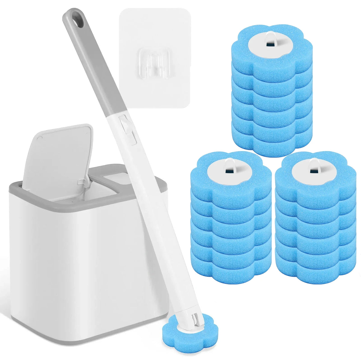 Disposable toilet brush refills with long handle and wall mount shown next to a brush and blue foam refills