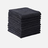 A stack of dark gray thickened microfiber cleaning cloths for glass and surfaces.