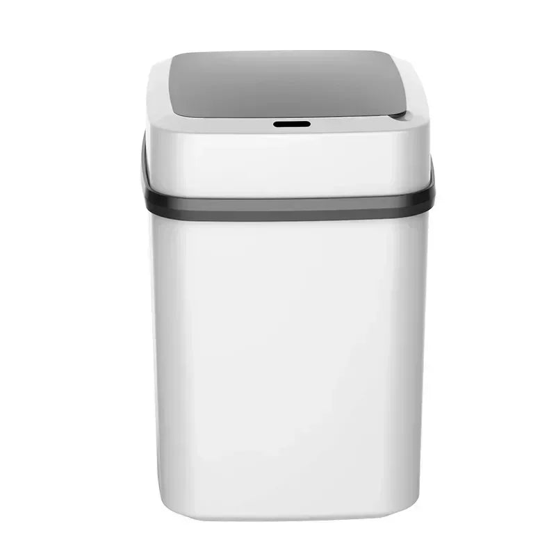 A white automatic touchless sensor trash can with a gray lid.