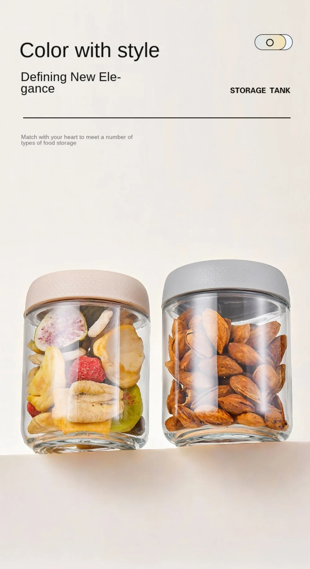 Two clear glass meal prep jars with airtight lids filled with various nuts and dried fruits
