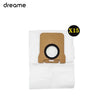 A replacement parts kit for a Dreame robot vacuum, showing a brown plastic component inside a white fabric pouch.