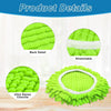 A green chenille replacement spin mop head with a white band, shown next to its disassembled parts.