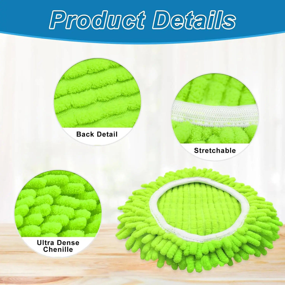 A green chenille replacement spin mop head with a white band, shown next to its disassembled parts.