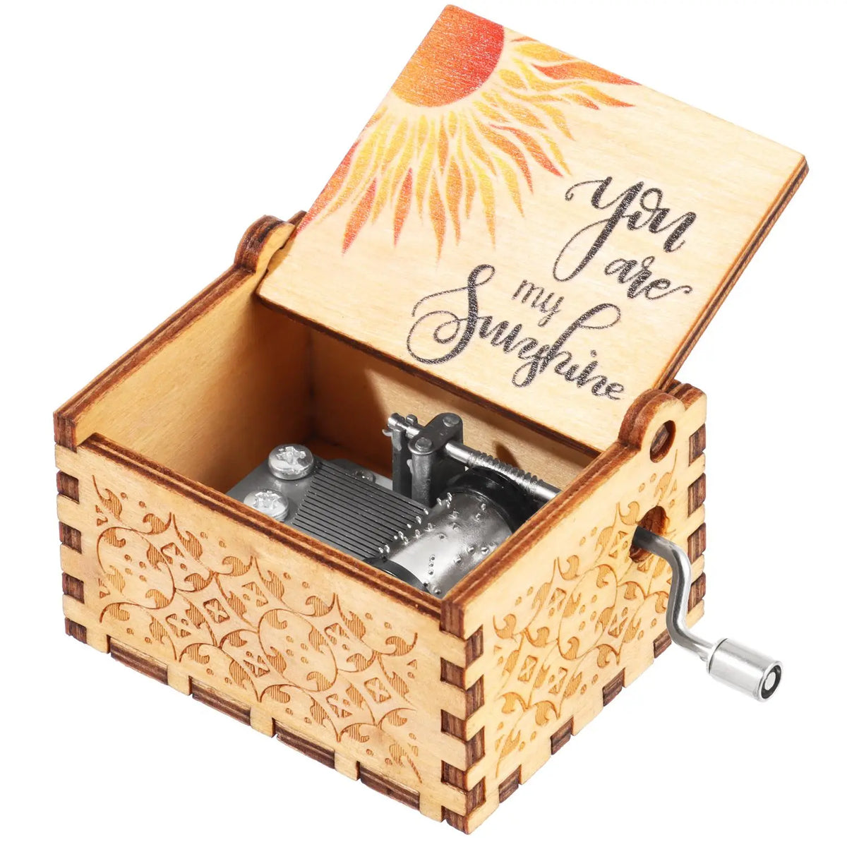 Caja de música de madera manual con tapa y diseño de sol y mecanismo de manivela plateado.