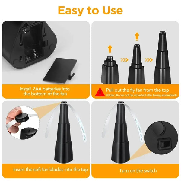 Instructions for assembling and using a multi-functional fly repellent fan, showing battery installation and operation.