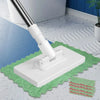 A white hands-free 360° rotating mop is shown cleaning a floor, with green microfiber cloths nearby.