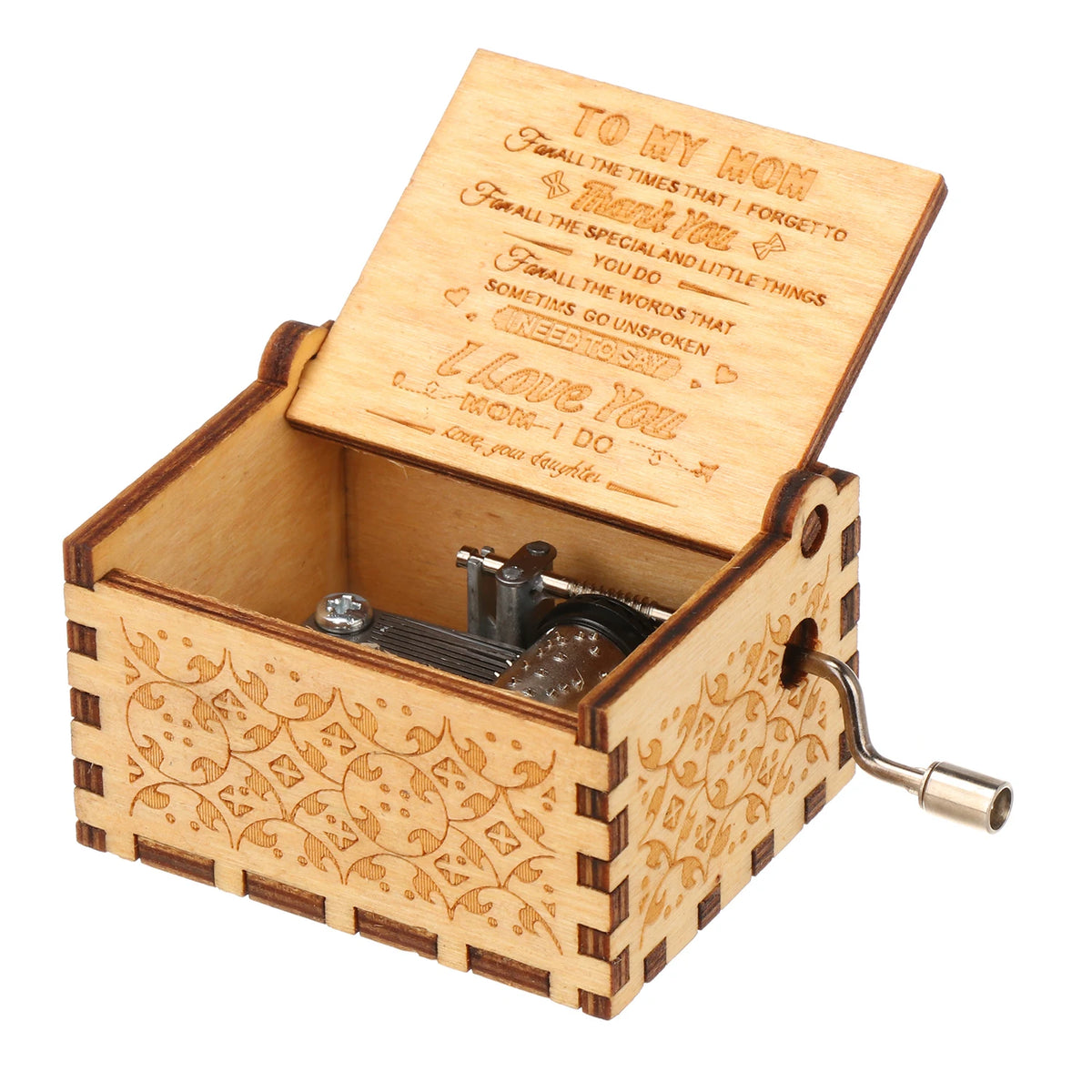 A vintage engraved wooden music box with a lid open, featuring sentimental text inside.