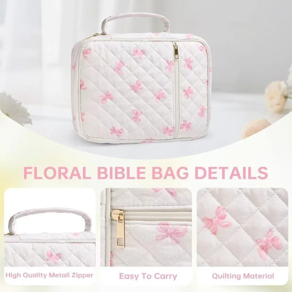 A light pink floral quilted Bible bag with a zipper and handle shown in a studio setting.