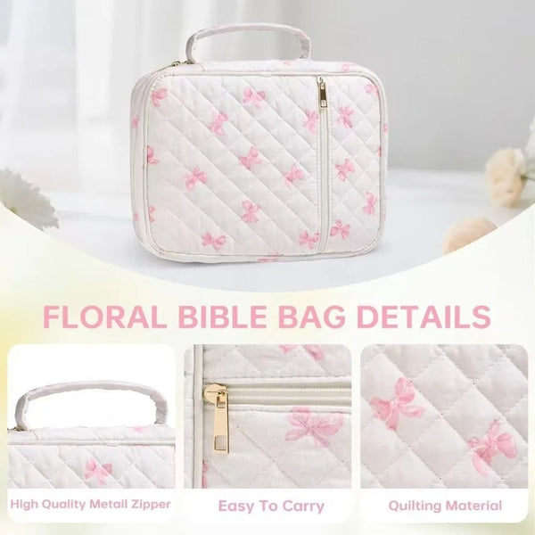 A light pink floral quilted Bible bag with a zipper and handle shown in a studio setting.