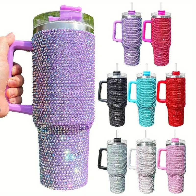 Colección de 40oz termos térmicos de acero inoxidable con pedrería en varios colores y acabados.