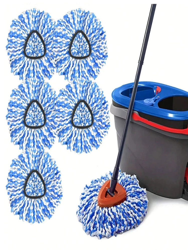 Set of five blue replacement mop heads and a long mop handle in a gray bucket.