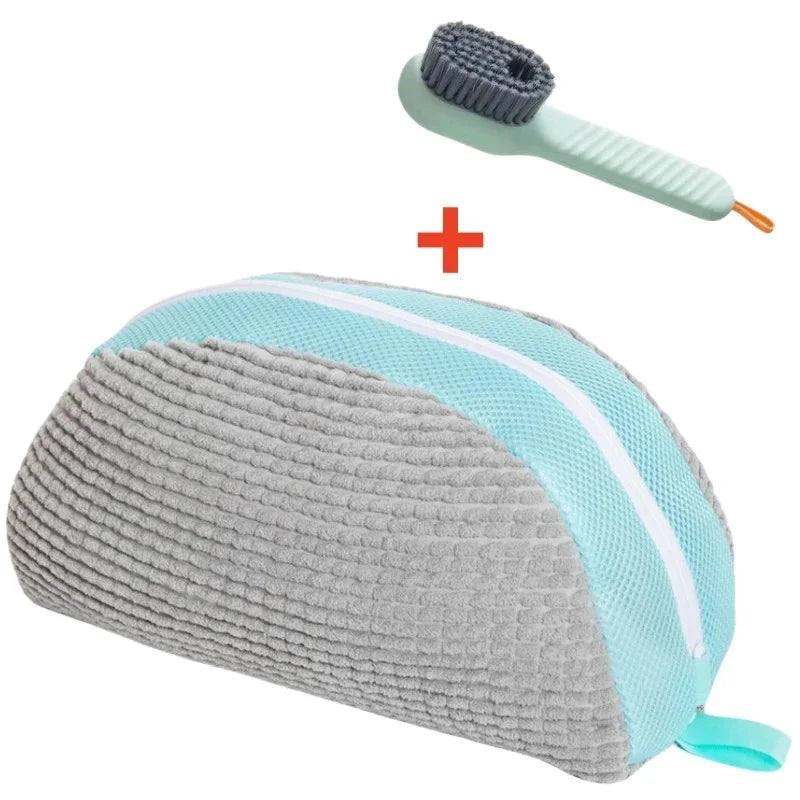 A light blue storage bag for shoe cleaning tools, including a brush and a cleaning brush.